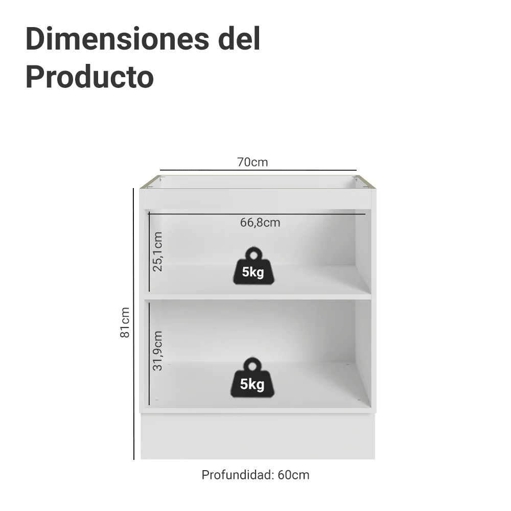 Bajo Mesada de Cocina 70 x 60 cm 2 Puertas (Sin Mesada) Blanco Vik Madesa - Image 2