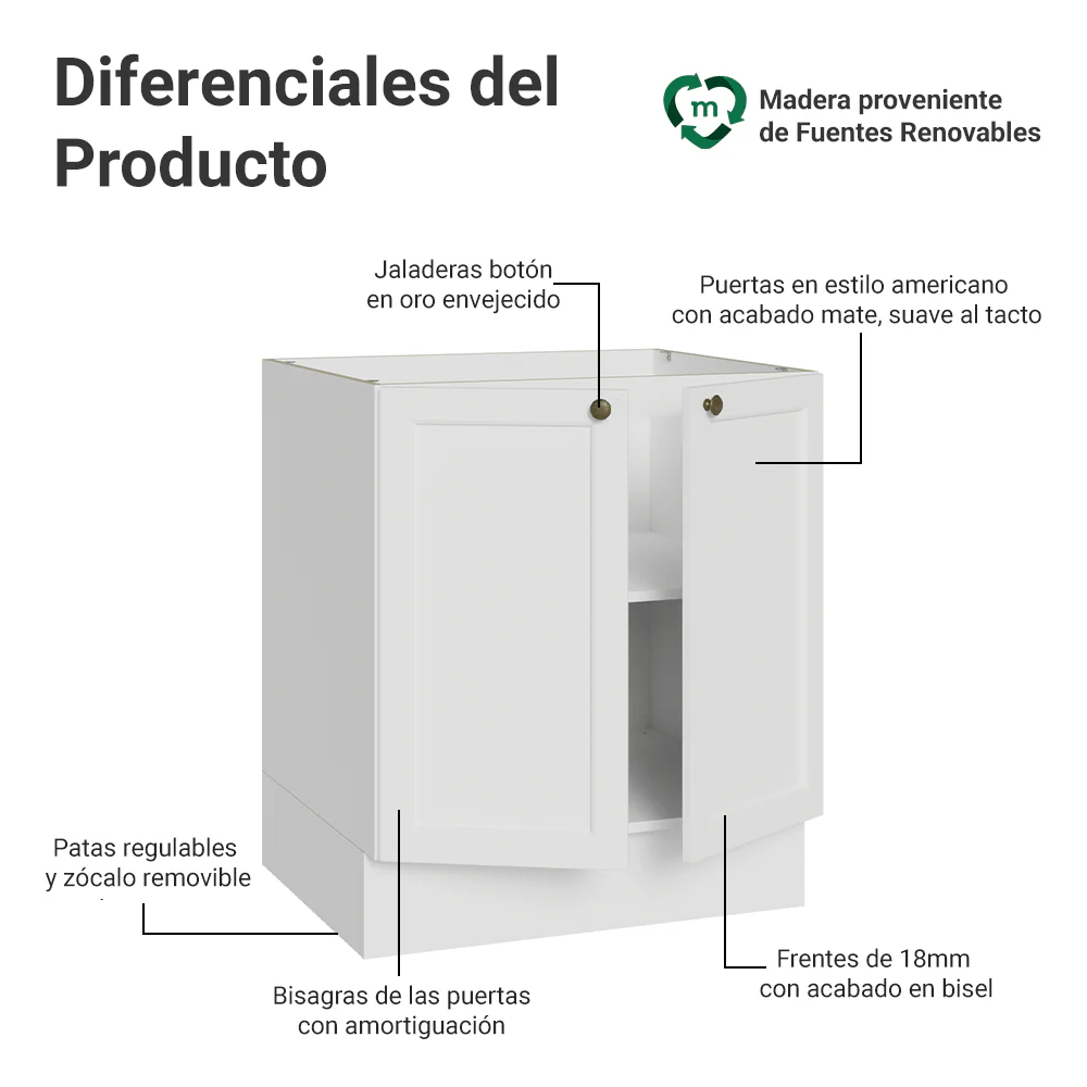 Bajo Mesada de Cocina 70 x 60 cm 2 Puertas (Sin Mesada) Blanco Vik Madesa - Image 3