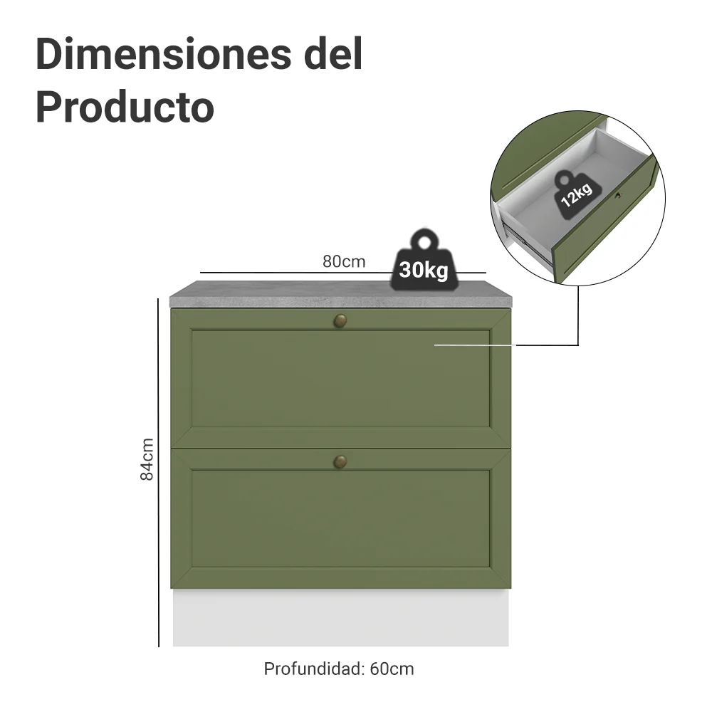 Bajo Mesada de Cocina 80 x 60 cm 2 Cajones (con Mesada) Blanco/Verde Vik Madesa - Image 2