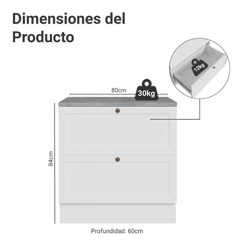 Bajo Mesada de Cocina 80 x 60 cm 2 Cajones (con Mesada) Blanco Vik Madesa - Image 2