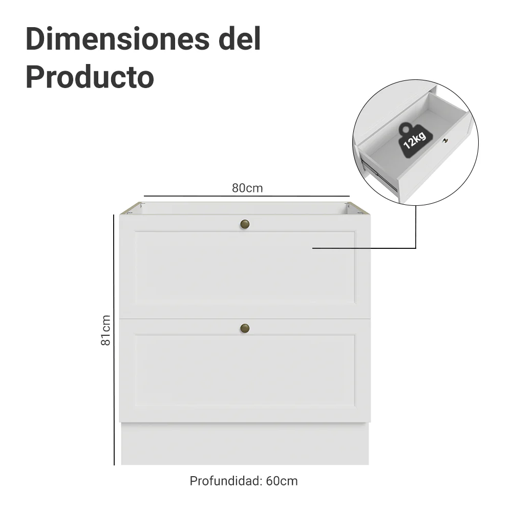 Bajo Mesada de Cocina 80 x 60 cm 2 Cajones (Sin Mesada) Blanco Vik Madesa - Image 2