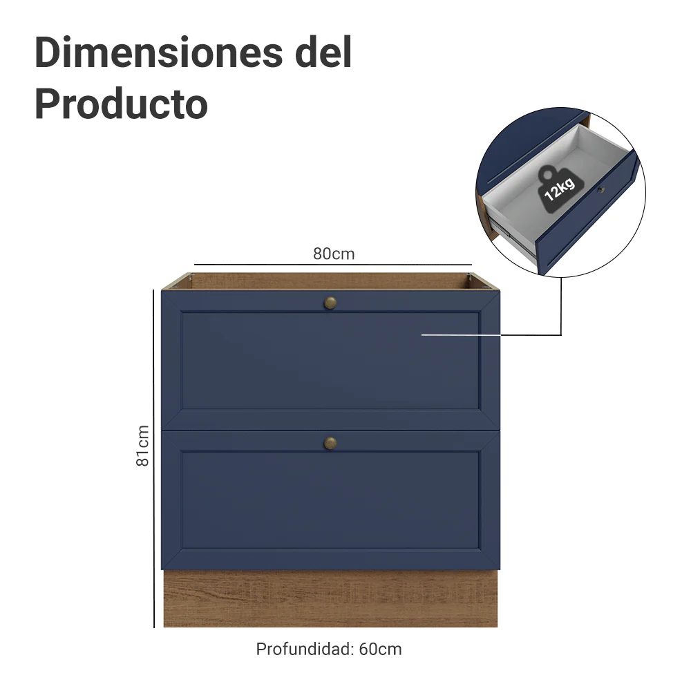 Bajo Mesada de Cocina 80 x 60 cm 2 Cajones (Sin Mesada) Marrón/Azul Vik Madesa - Image 2