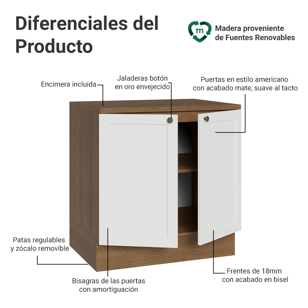 Bajo Mesada de Cocina 80 x 60 cm 2 Puertas (con Mesada) Marrón/Blanco Vik Madesa - Image 3