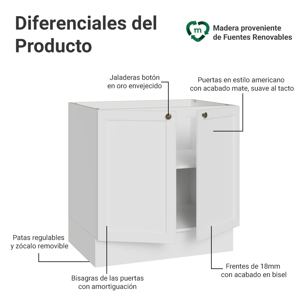 Bajo Mesada de Cocina 80 x 60 cm 2 Puertas (Sin Mesada) Blanco Vik Madesa - Image 3