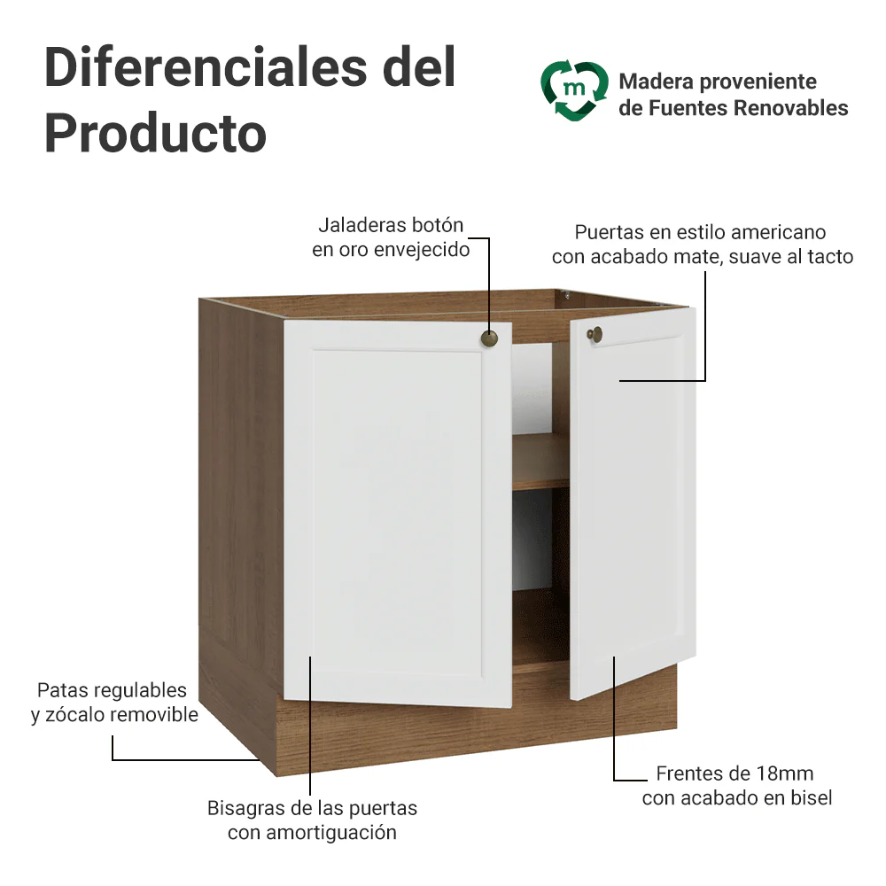 Bajo Mesada de Cocina 80 x 60 cm 2 Puertas (Sin Mesada) Marrón/Blanco Vik Madesa - Image 3