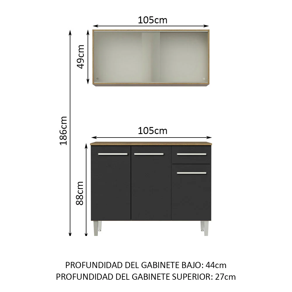 Combo de Cocina Emilly 105cm Con Alacena Marrón/Negro Madesa 01 - Image 2