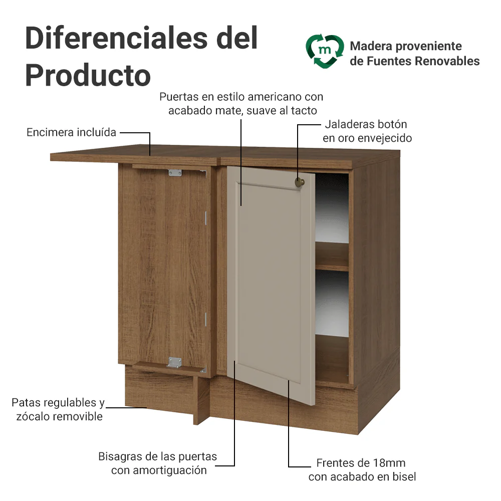 Bajo Mesada Esquinero para Línea de 60 cm Profundidad (Con Mesada) Marrón/Crema Vik Madesa - Image 4