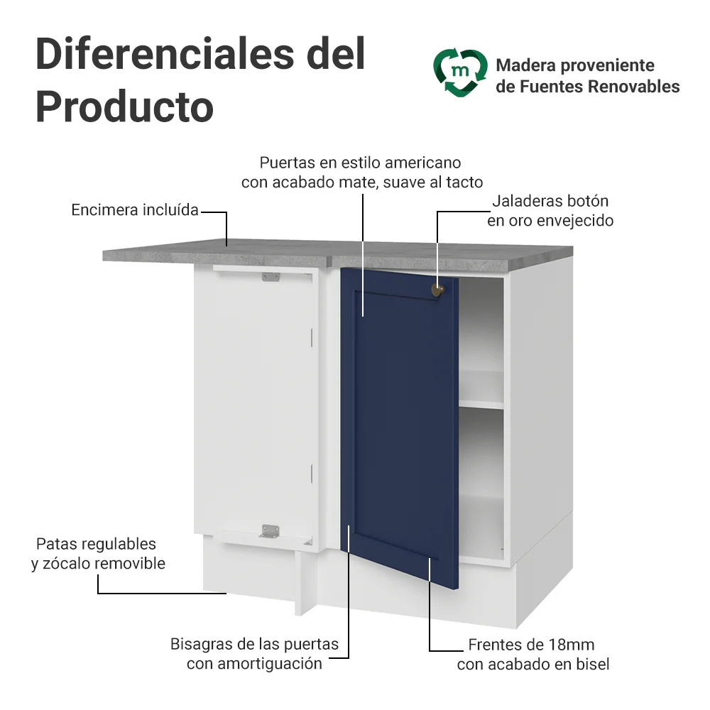 Bajo Mesada Esquinero 102 cm x 64 cm (con Mesada) Blanco/Azul Vik Madesa - Image 3