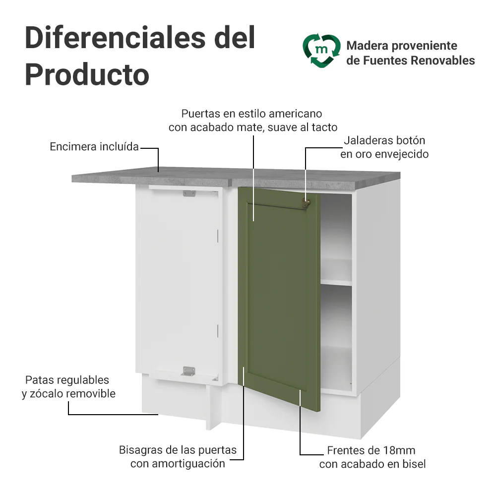 Bajo Mesada Esquinero 102 cm x 64 cm (con Mesada) Blanco/Verde Vik Madesa - Image 3