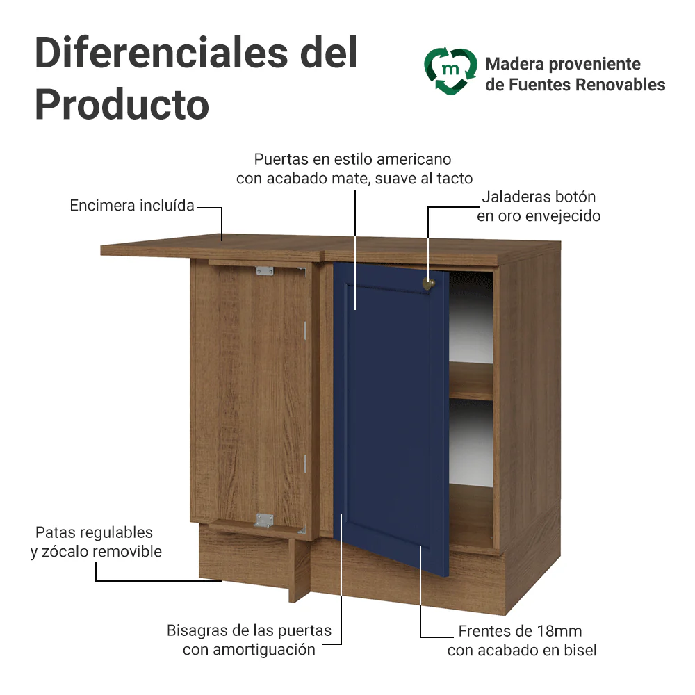 Bajo Mesada Esquinero 102 cm x 64 cm (con Mesada) Marrón/Azul Vik Madesa - Image 3