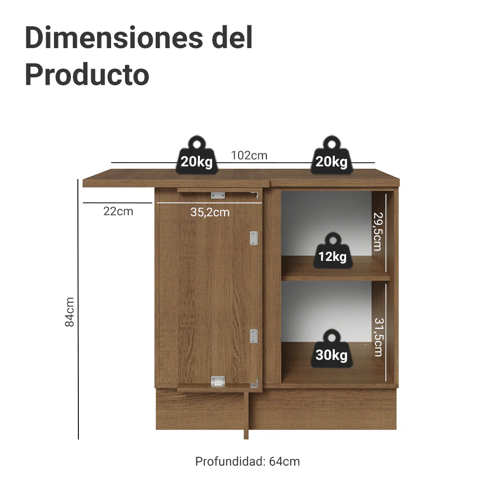 Bajo Mesada Esquinero 102 cm x 64 cm (con Mesada) Marrón/Blanco Vik Madesa - Image 2