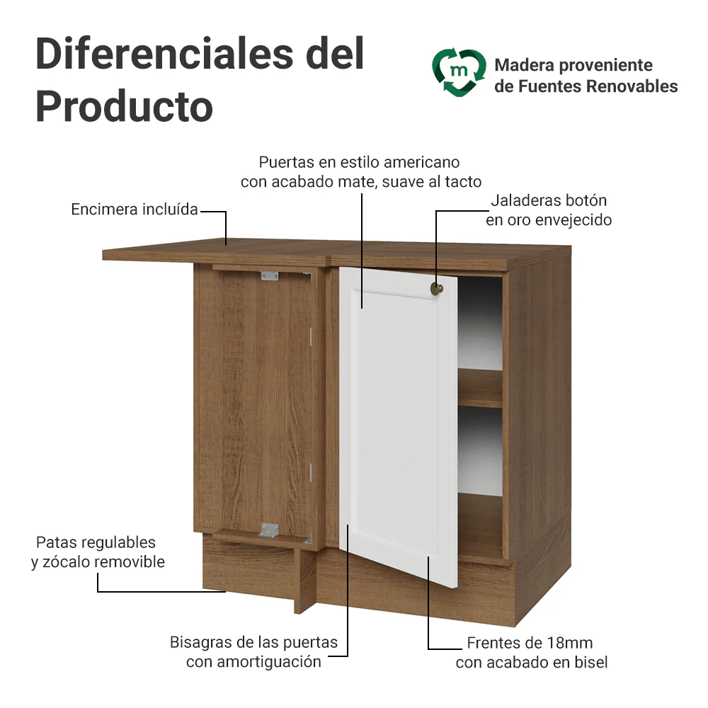 Bajo Mesada Esquinero 102 cm x 64 cm (con Mesada) Marrón/Blanco Vik Madesa - Image 3