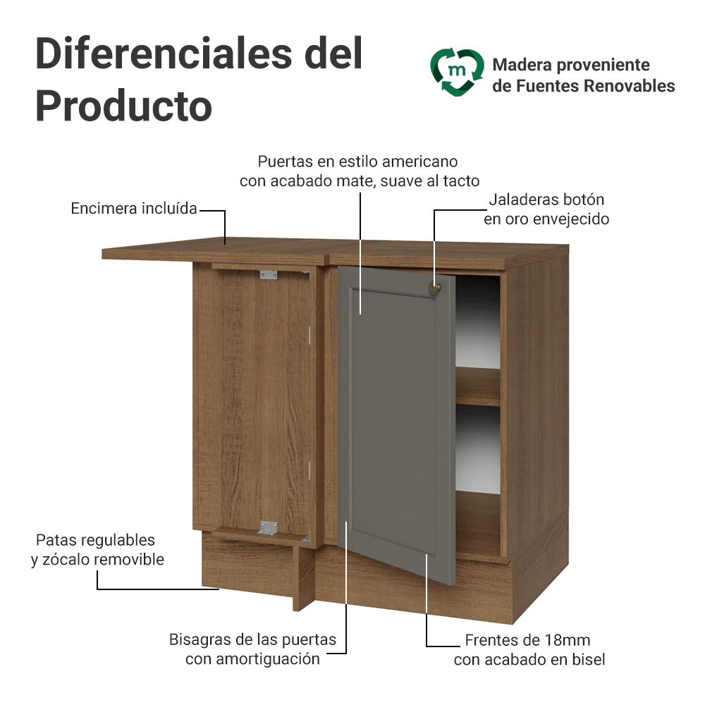 Bajo Mesada Esquinero 102 cm x 64 cm (con Mesada) Marrón/Gris Vik Madesa - Image 3