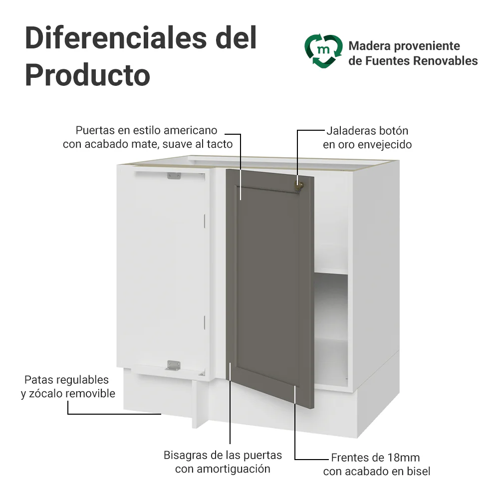Bajo Mesada Esquinero 102 cm x 64 cm (Sin Mesada) Blanco/Gris Vik Madesa - Image 3