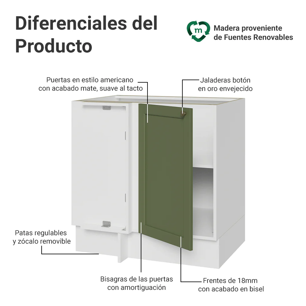 Bajo Mesada Esquinero 102 cm x 64 cm (Sin Mesada) Blanco/Verde Vik Madesa - Image 3