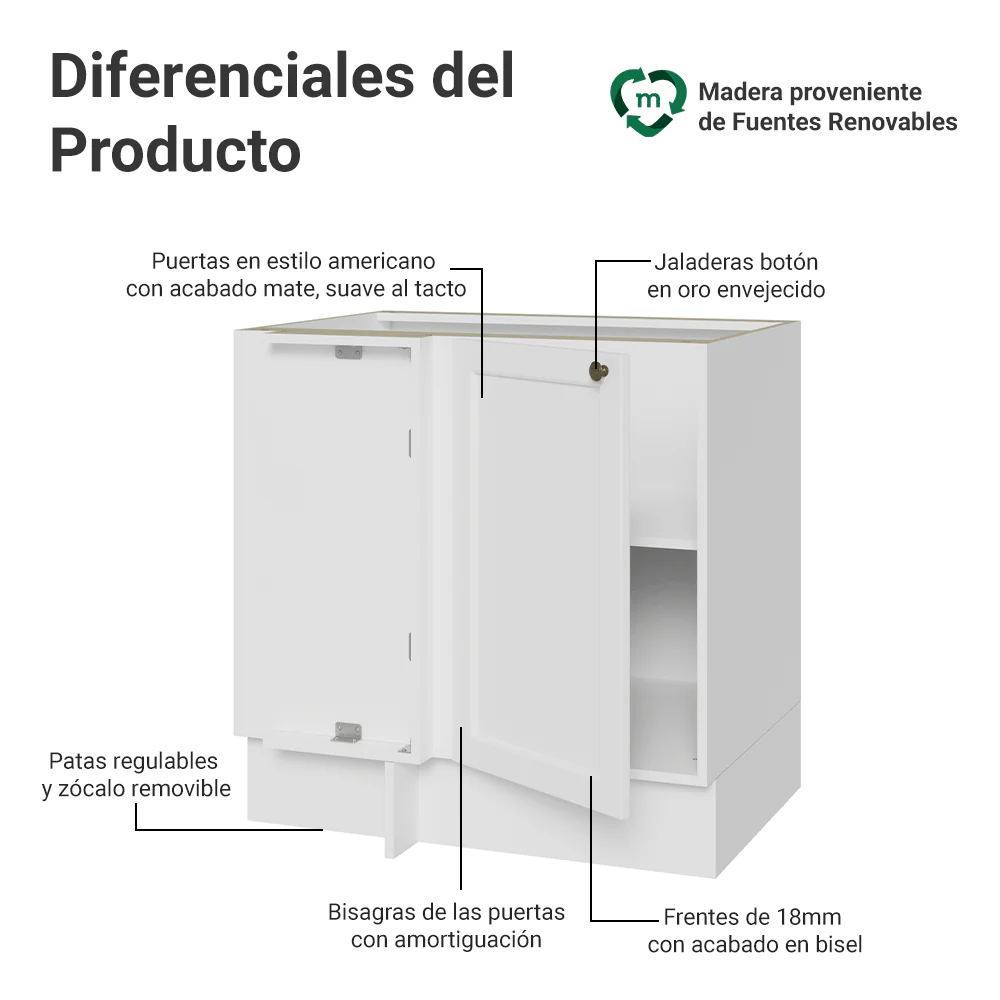 Bajo Mesada Esquinero 102 cm x 64 cm (Sin Mesada) Blanco Vik Madesa - Image 3