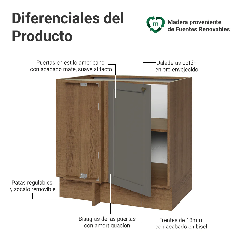 Bajo Mesada Esquinero 102 cm x 64 cm (Sin Mesada) Marrón/Gris Vik Madesa - Image 3