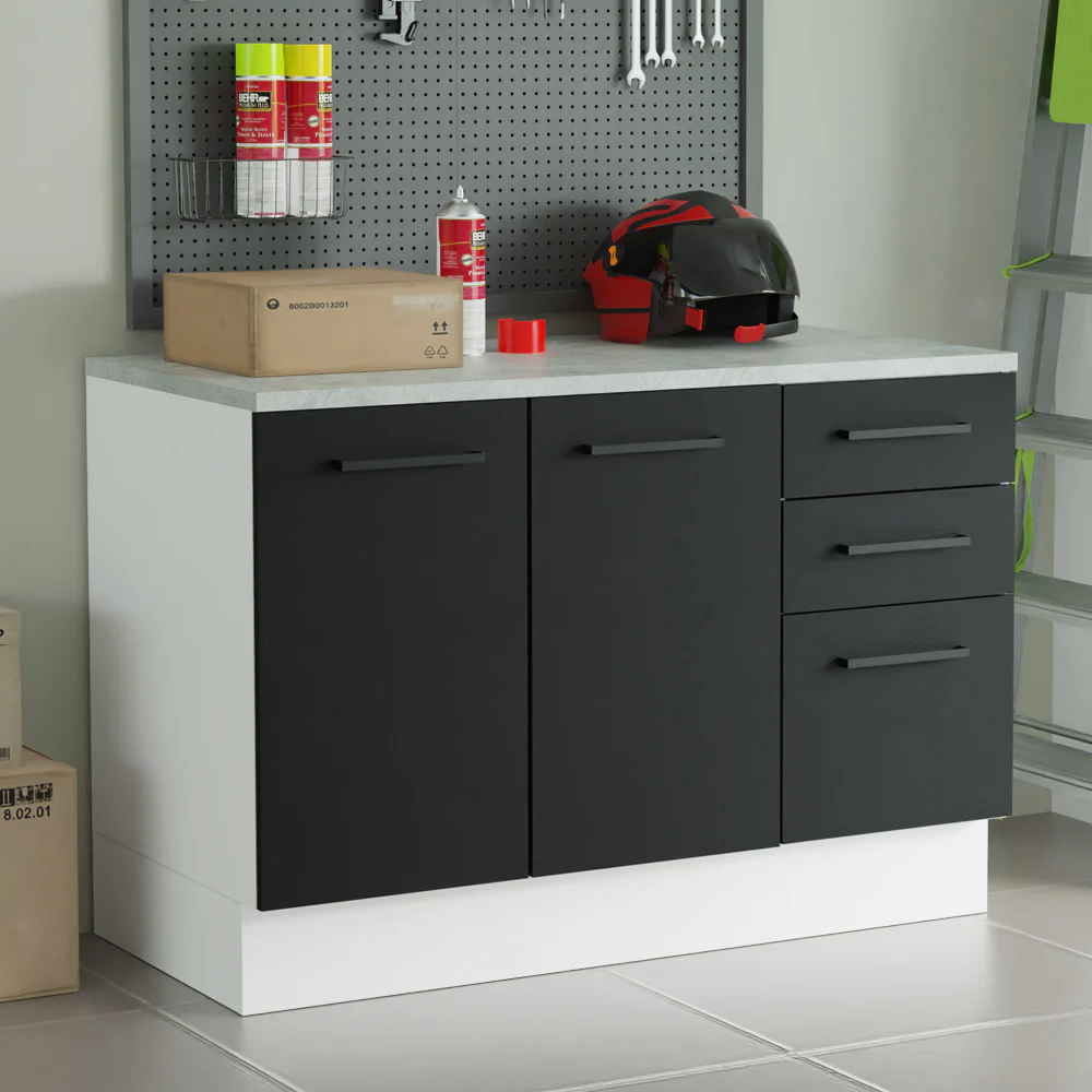 Bajo Mesada Multiuso 120cm 2 Puertas 3 Cajones Blanco/Negro Agata Madesa