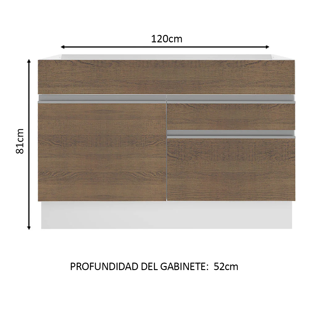 Bajo Mesada para Bacha 120 cm 1 Puerta y 2 Cajones (Sin Mesada y Bacha) Blanco/Marrón Glamy Madesa - Image 2
