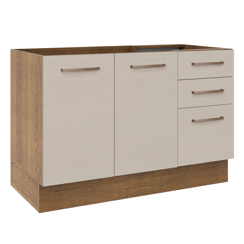 Bajo Mesada para Bacha 120 cm 2 Puertas 3 Cajones (Sin Mesada y Bacha) Marrón/Crema Agata Madesa