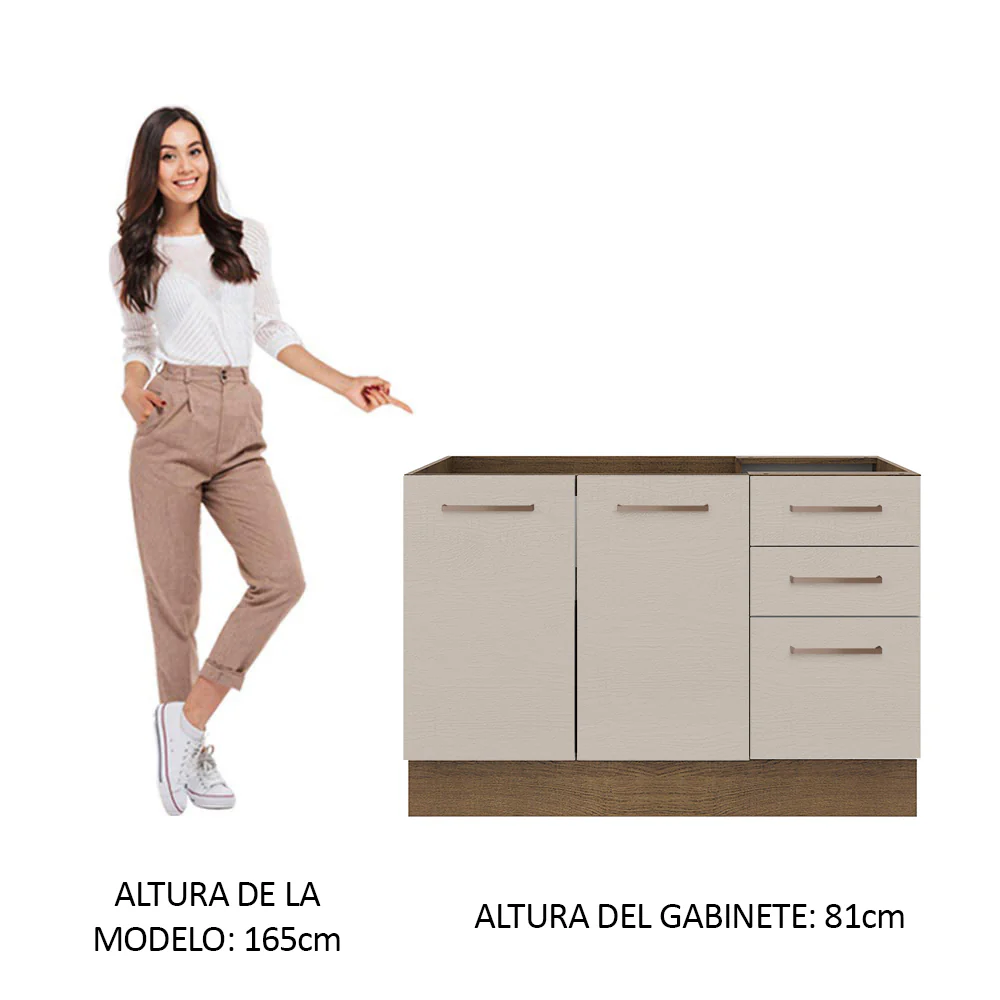 Bajo Mesada para Bacha 120 cm 2 Puertas 3 Cajones (Sin Mesada y Bacha) Marrón/Crema Agata Madesa - Image 3