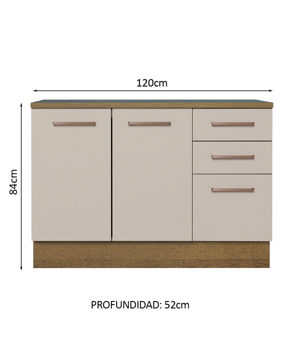 Bajo Mesada Cocina 120 cm 2 Puertas 3 Cajones (Con Mesada) Marrón/Crema Agata Madesa - Image 2