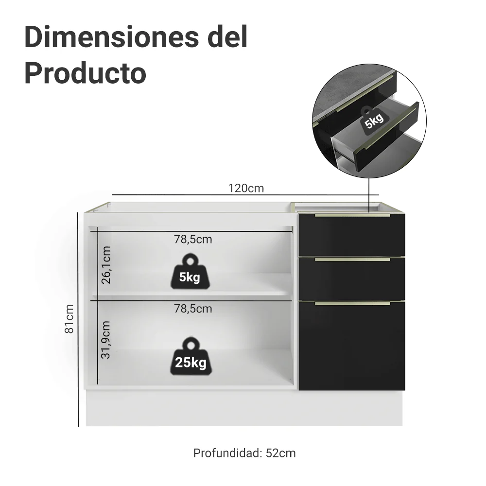 Bajo Mesada para Bacha 120 cm 2 Puetas 3 Cajones (Sin Mesada y Bacha) Blanco/Negro Lux Madesa - Image 2