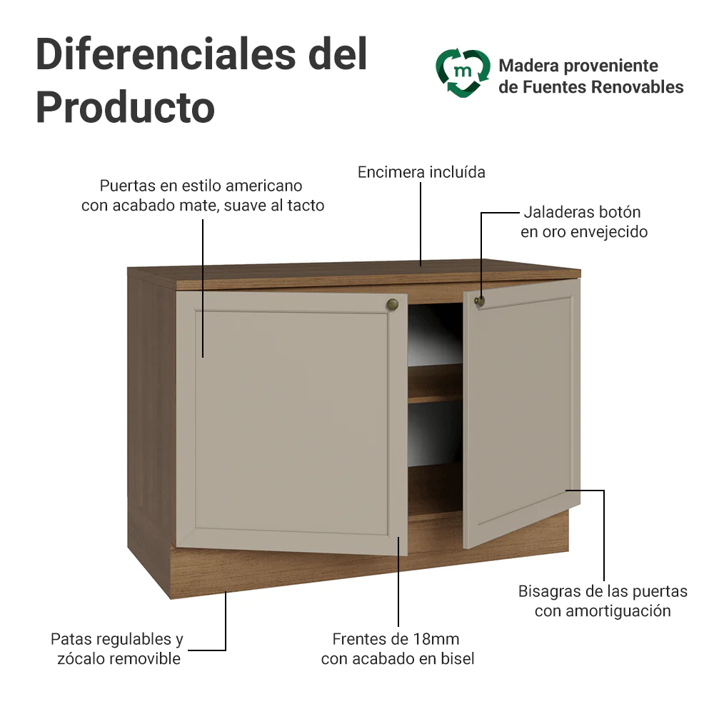 Bajo Mesada Cocina 120 cm (Con Mesada) Marrón/Crema Vik Madesa - Image 3