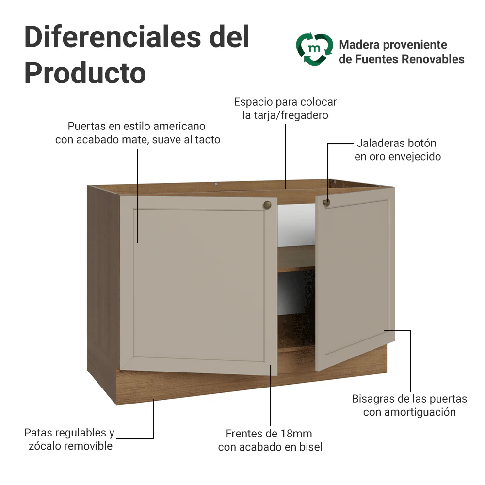 Bajo Mesada para Bacha 120 cm (Sin Mesada) Marrón/Crema Vik Madesa - Image 3