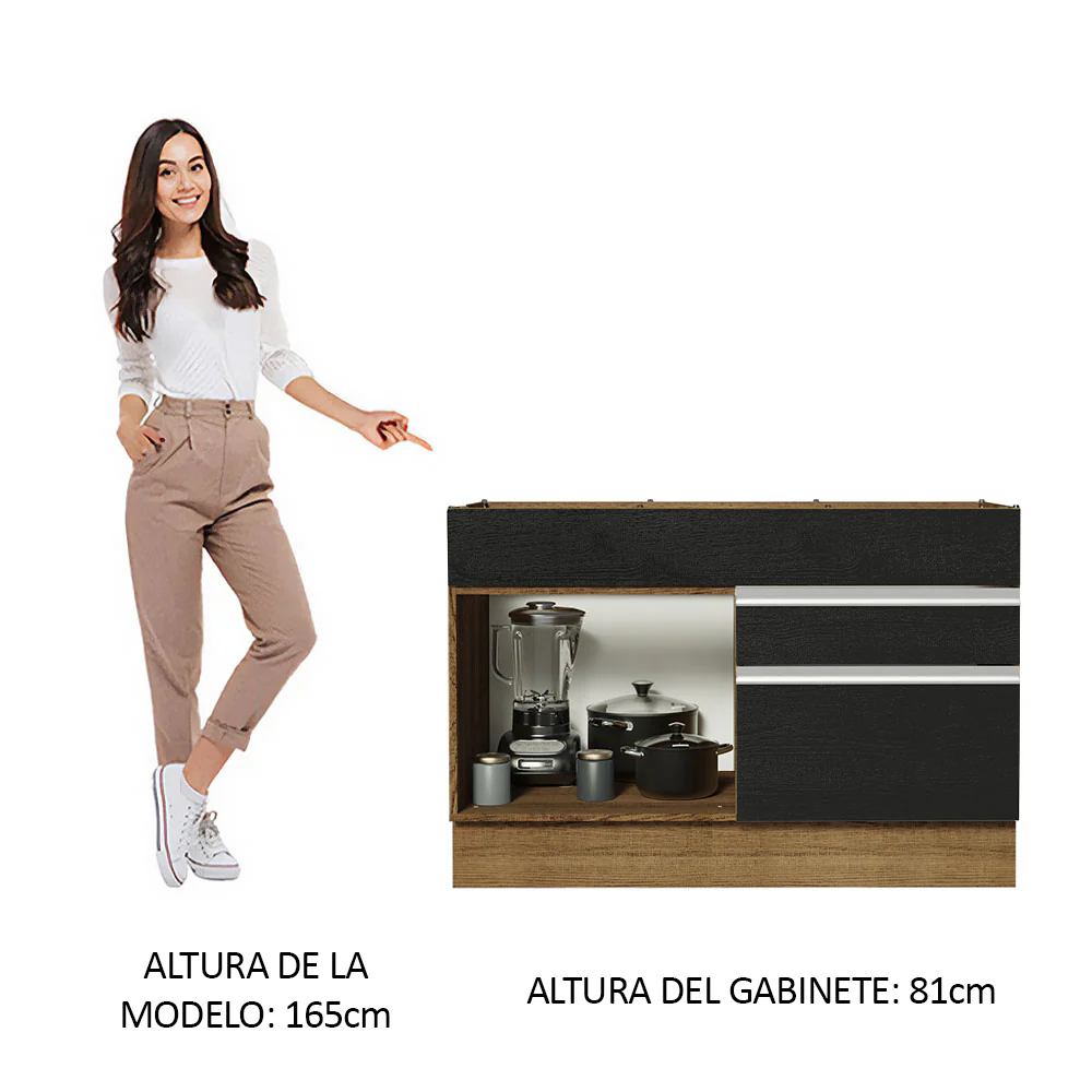 Bajo Mesada Cocina 120 x 60 cm 1 Puerta 2 Cajones Marrón/Negro (Sin Mesada) Glamy Madesa - Image 3