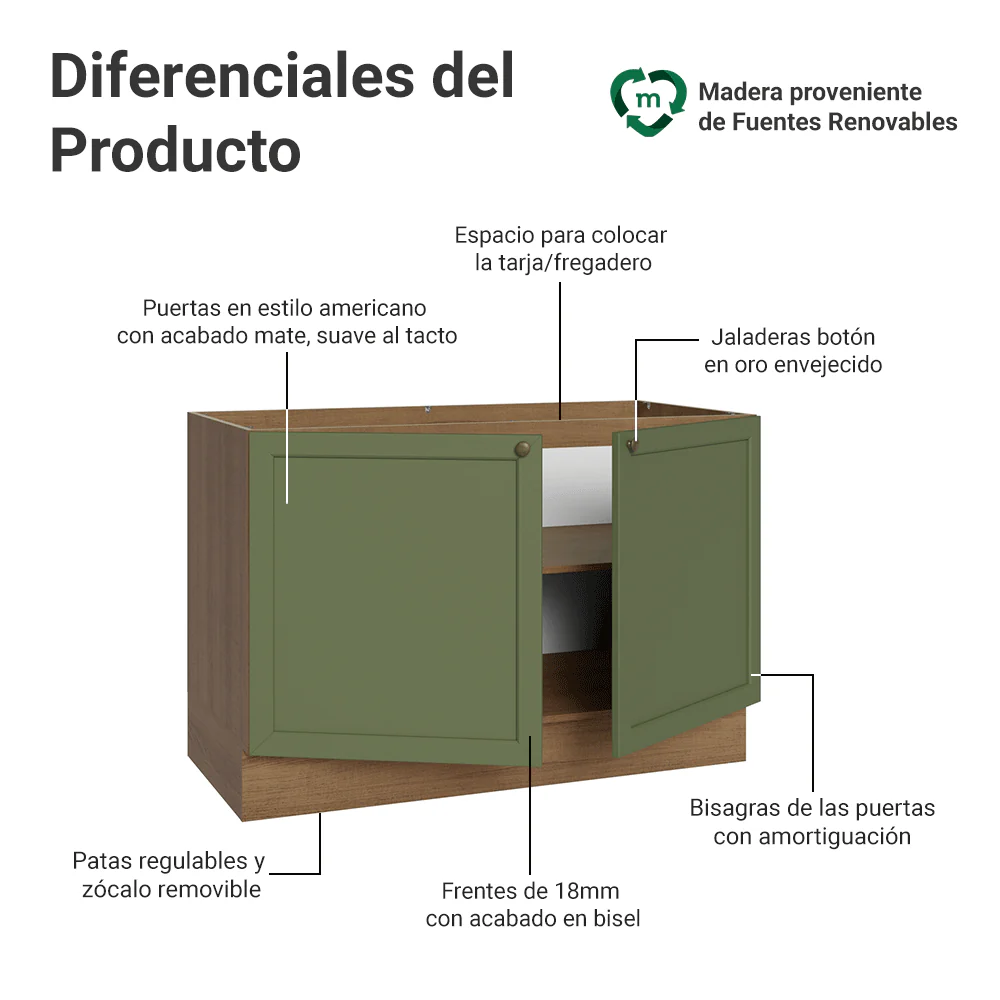 Bajo Mesada Cocina 120 x 60 cm (Sin Mesada) Marrón/Verde Vik Madesa - Image 3