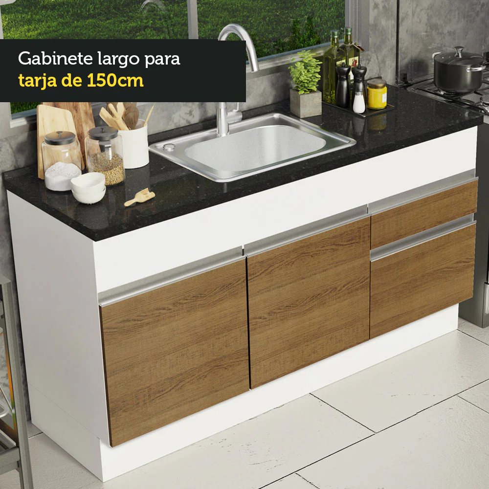 Bajo Mesada para Bacha 150 cm 2 Puertas y 2 Cajones (Sin Mesada) Glamy Blanco/Marrón - Image 5