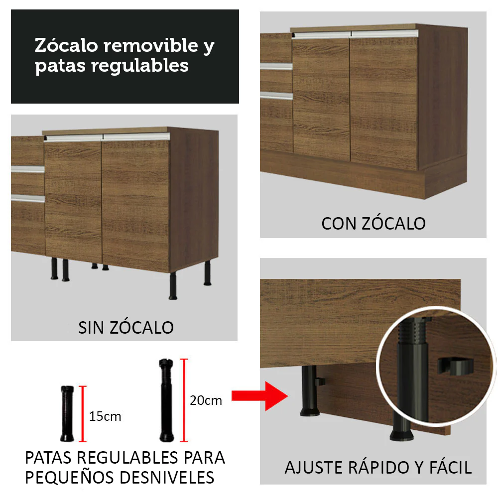 Bajo Mesada para Bacha 120 cm 2 Puertas y 3 Cajones + Porta cubiertos (Sin Mesada y Bacha) Marrón Glamy Madesa - Image 8