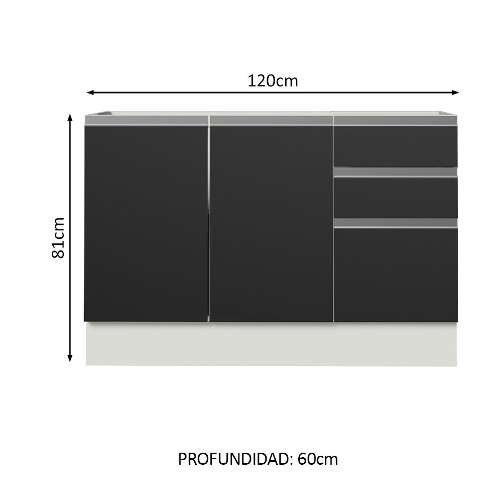 Bajo Mesada Cocina 120 x 60 cm 2 Puertas e 3 Cajones (Sin Mesada) Blanco/Negro Glamy Madesa - Image 2