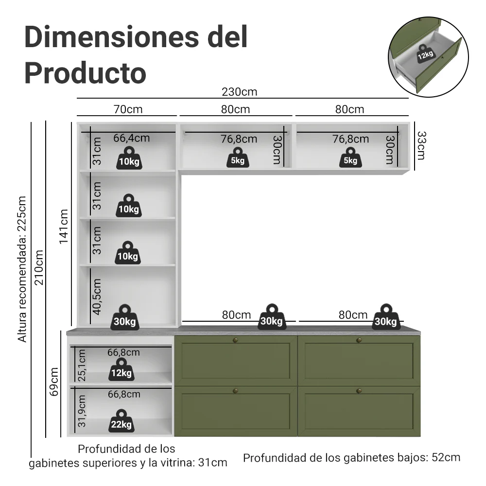 Centros de Entretenimiento con Rack + Cristaleiro 230 cm Blanco/Verde Vik Madesa 01 - Image 2