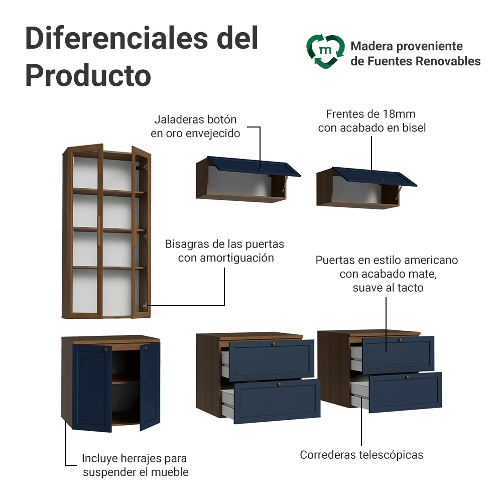 Centros de Entretenimiento con Rack + Cristaleiro 230 cm Marrón/Azul/Marrón Vik Madesa 02 - Image 4