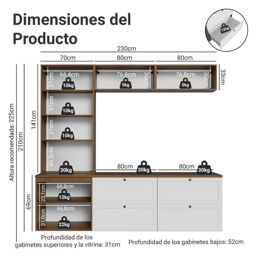 Centros de Entretenimiento con Rack + Cristaleiro 230 cm Marrón/Blanco Vik Madesa 01 - Image 2