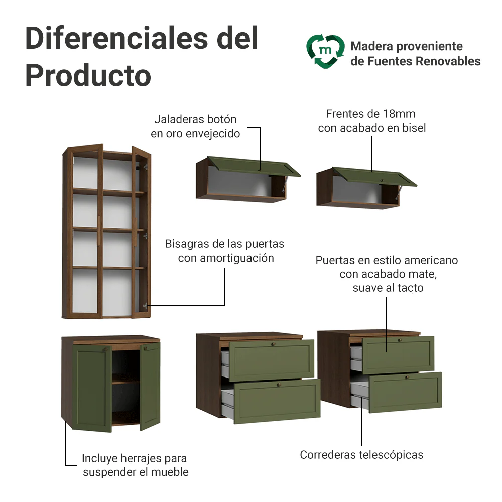 Centros de Entretenimiento con Rack + Cristaleiro 230 cm Marrón/Verde/Marrón Vik Madesa 02 - Image 4