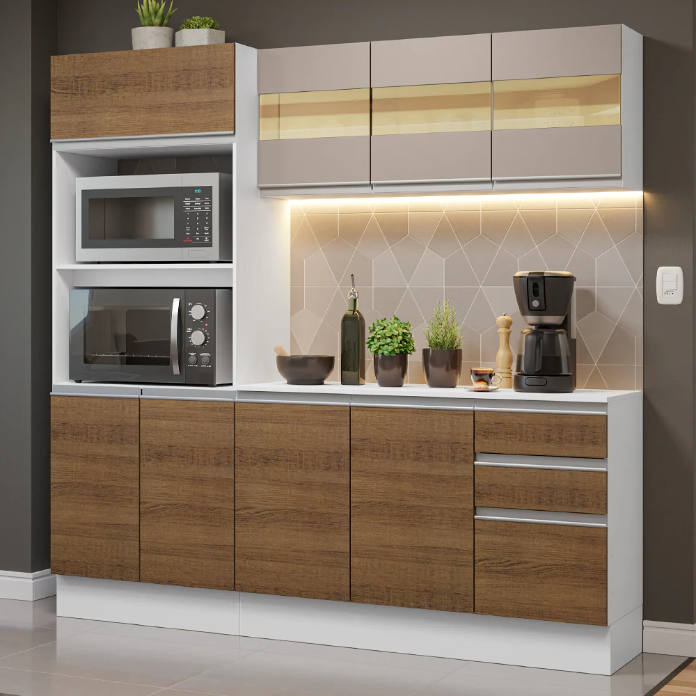 Cocina Compacta 100% MDF 190 cm Blanco/Marrón/Crema Smart Madesa 01