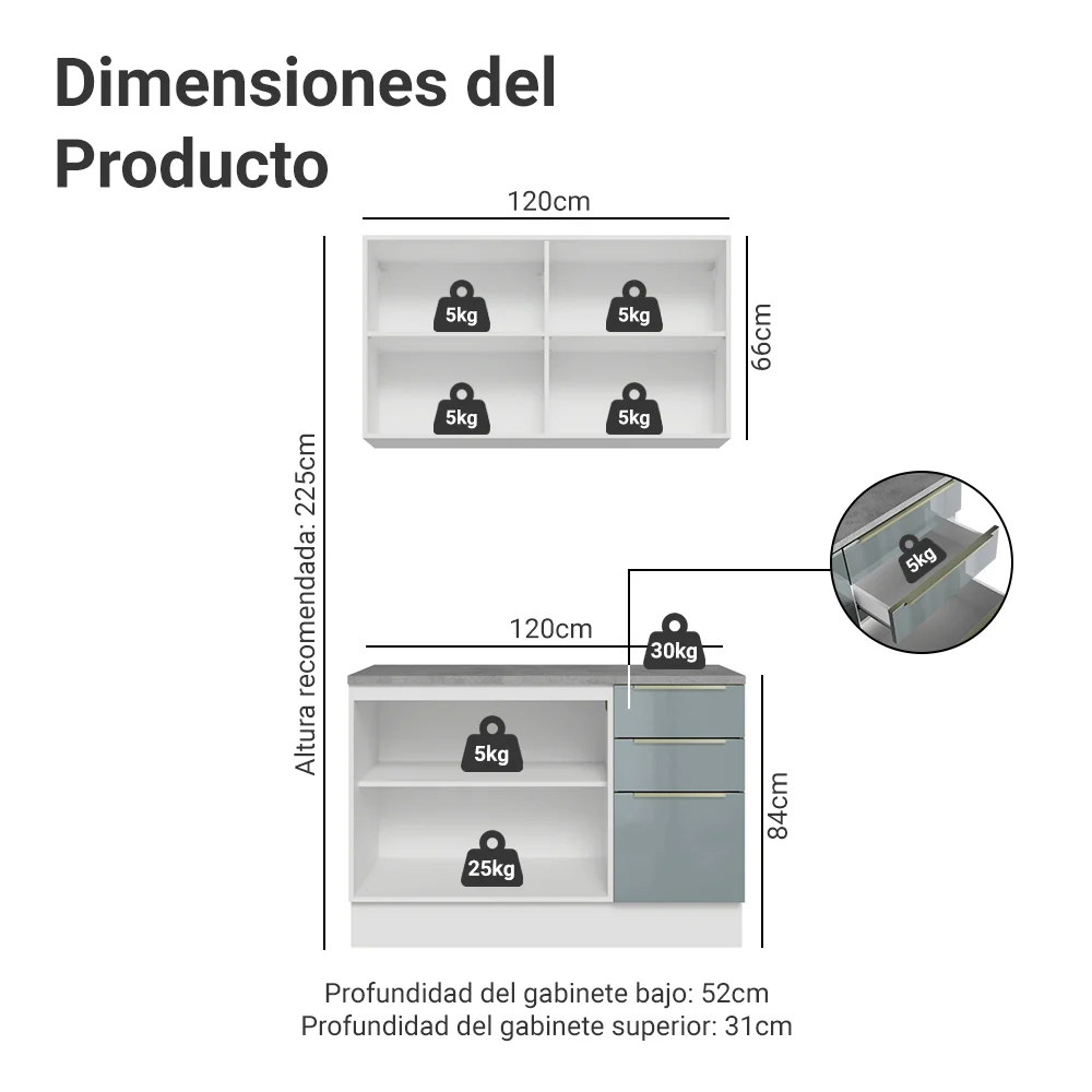 Cocina Compacta 120 cm Blanco/Gris Lux Madesa 01 - Image 2
