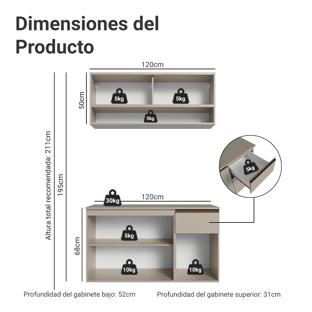 Cocina Compacta 120 cm Sin Patas Nice Crema 04 - Image 2