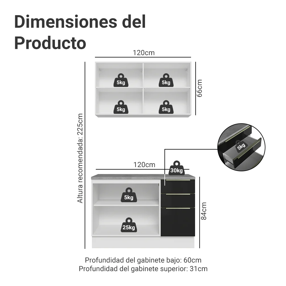 Cocina Compacta 120 x 60 cm Blanco/Negro Lux Madesa 02 - Image 2