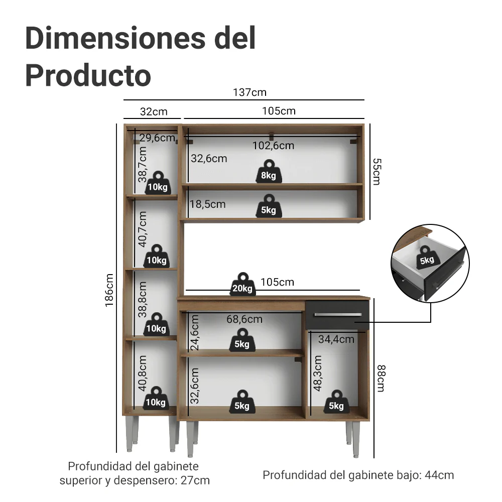 Cocina Compacta 137 cm Emilly Marrón/Negro 011 - Image 2