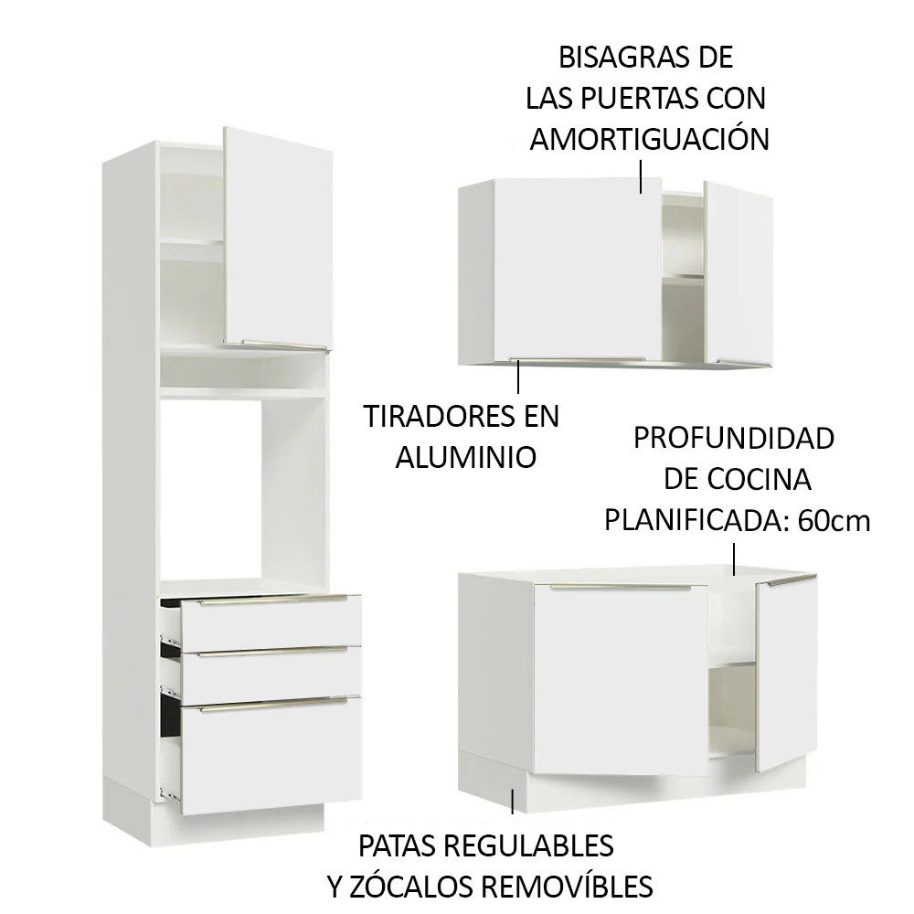 Cocina Compacta 180 x 60 cm Blanco/Blanco Aterciopelado Lux Madesa 01 - Image 4