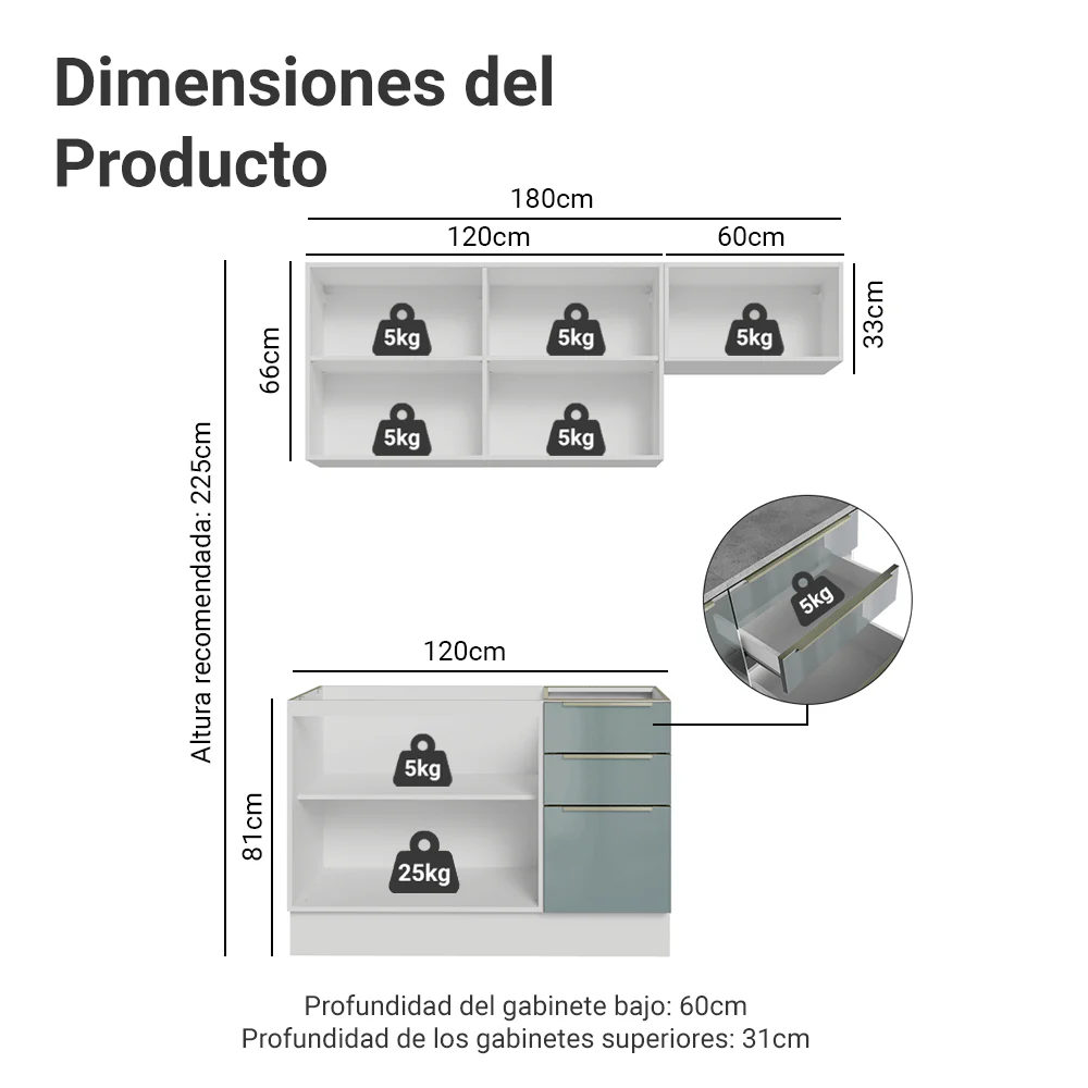 Cocina Compacta 180 x 60 cm Blanco/Gris Lux Madesa 03 - Image 2
