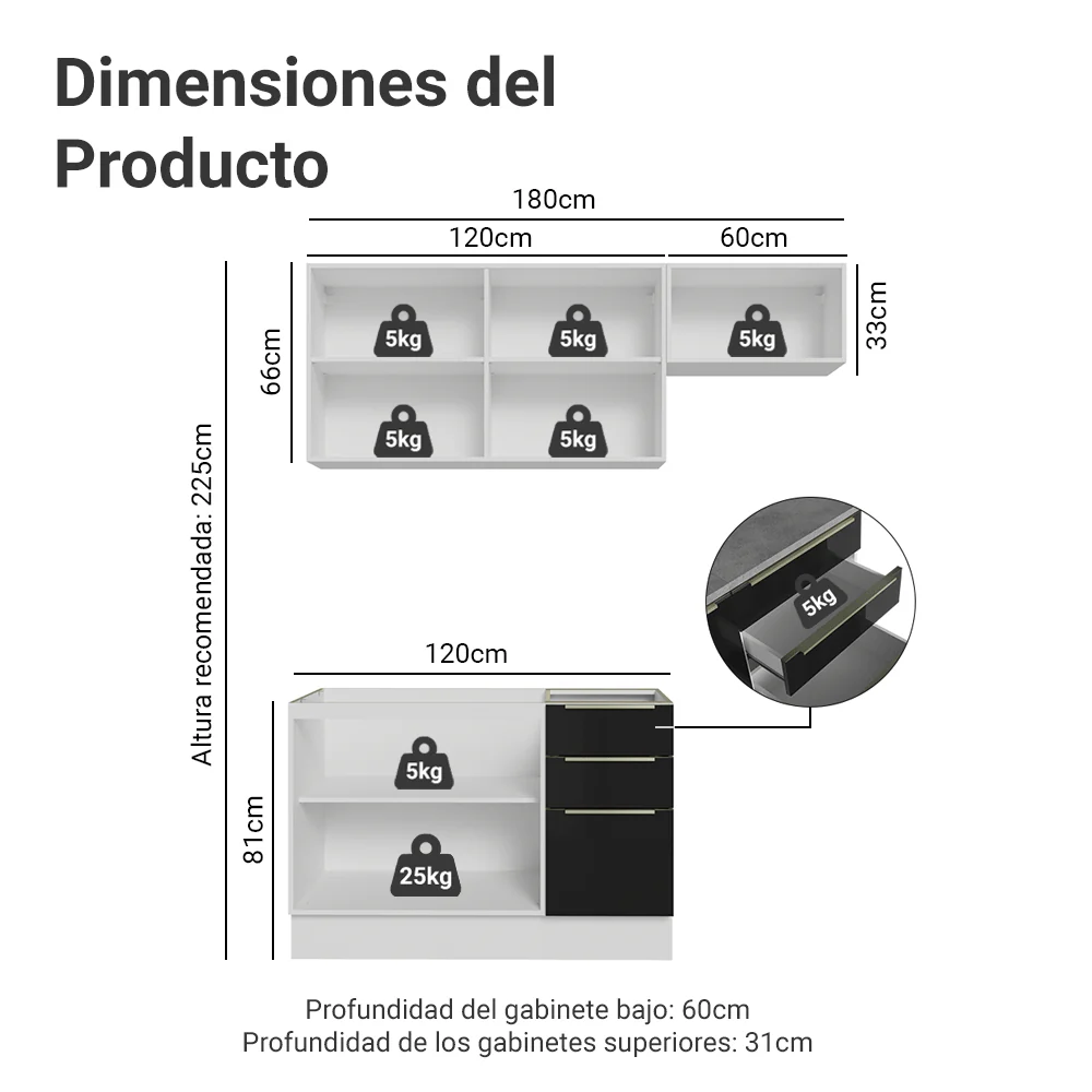 Cocina Compacta 180 x 60 cm Blanco/Negro Lux Madesa 03 - Image 2