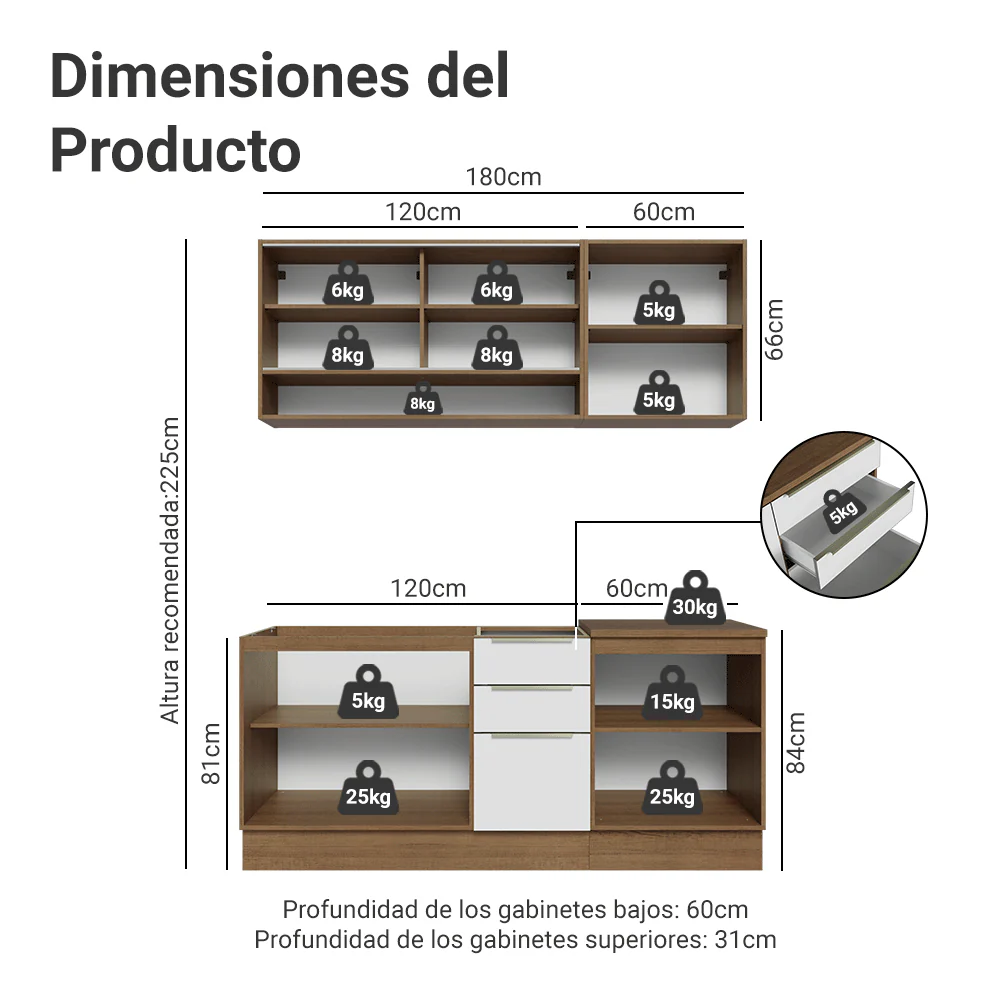 Cocina Compacta 180 x 60 cm Marrón/Blanco Aterciopelado Lux Madesa 05 - Image 2