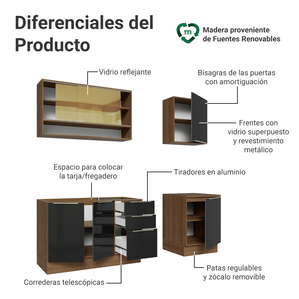 Cocina Compacta 180 x 60 cm Marrón/Negro Lux Madesa 05 - Image 4