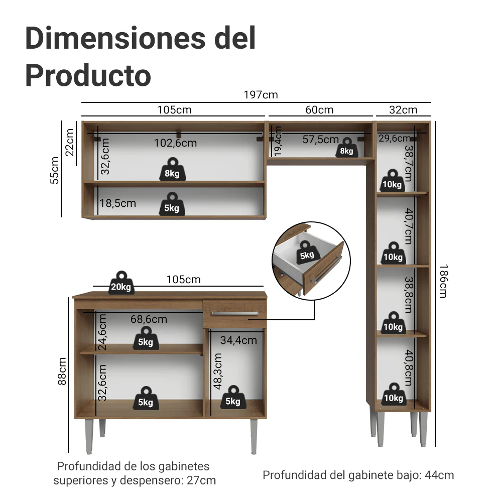Cocina Compacta 197 cm Emilly Marrón/Gris 01 - Image 2