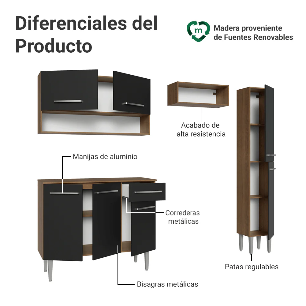 Cocina Compacta 197 cm Emilly Marrón/Negro 01 - Image 4